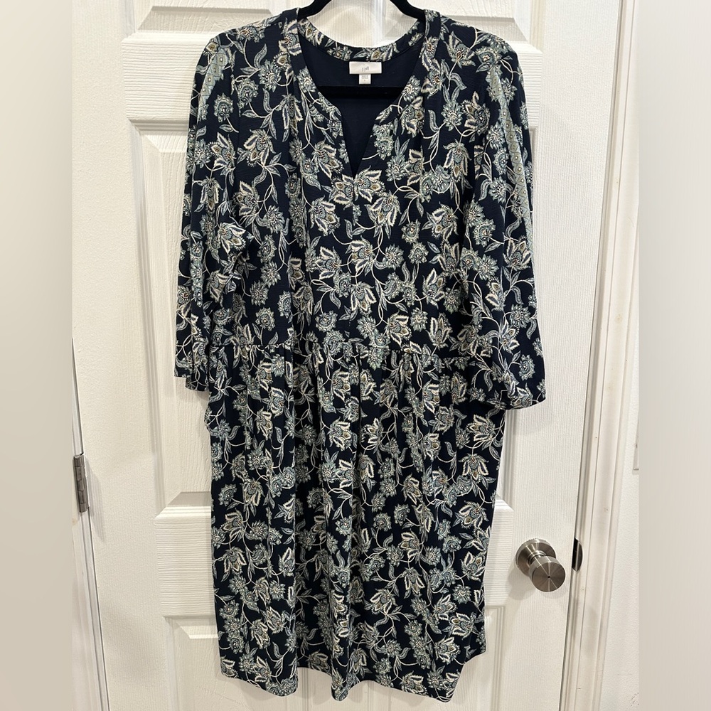 J JILL Pure Jill Dress size L Blue V Neck Floral MIDI botanical garden loose EUC